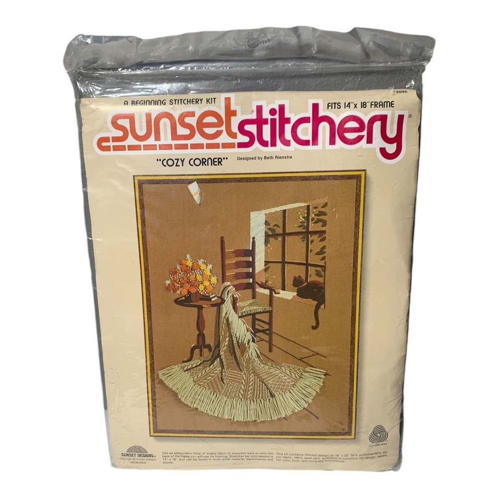 Vtg 1979 Sunset Stitchery Crewel Embroidery Kit "Cozy Corner" 14" X 18"